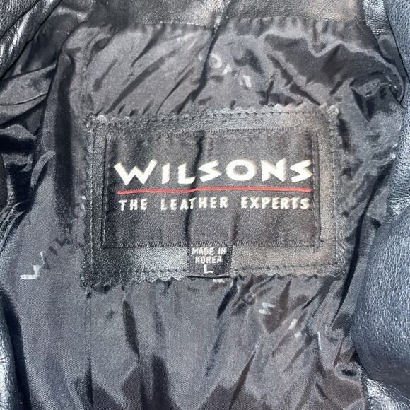 90s Wilson Black Leather Coat Belted Leather Drawstring Jacket with Hood Large - Picture 3 of 6